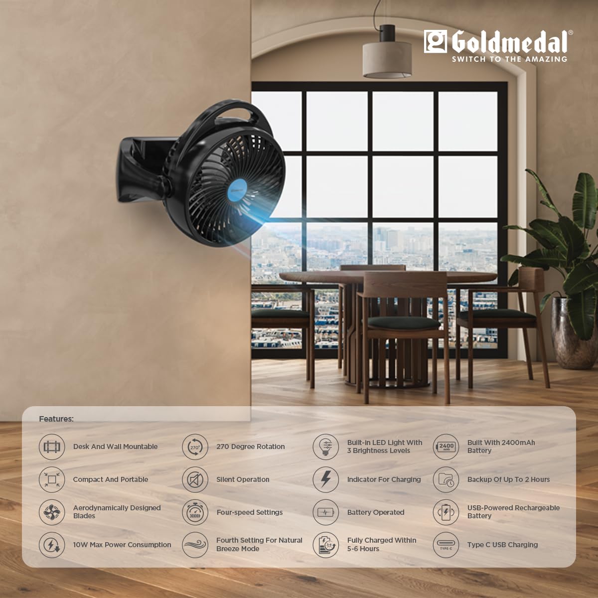 Goldmedal Air-Q 150 mm Portable Fan with LED Light (Black Blue)