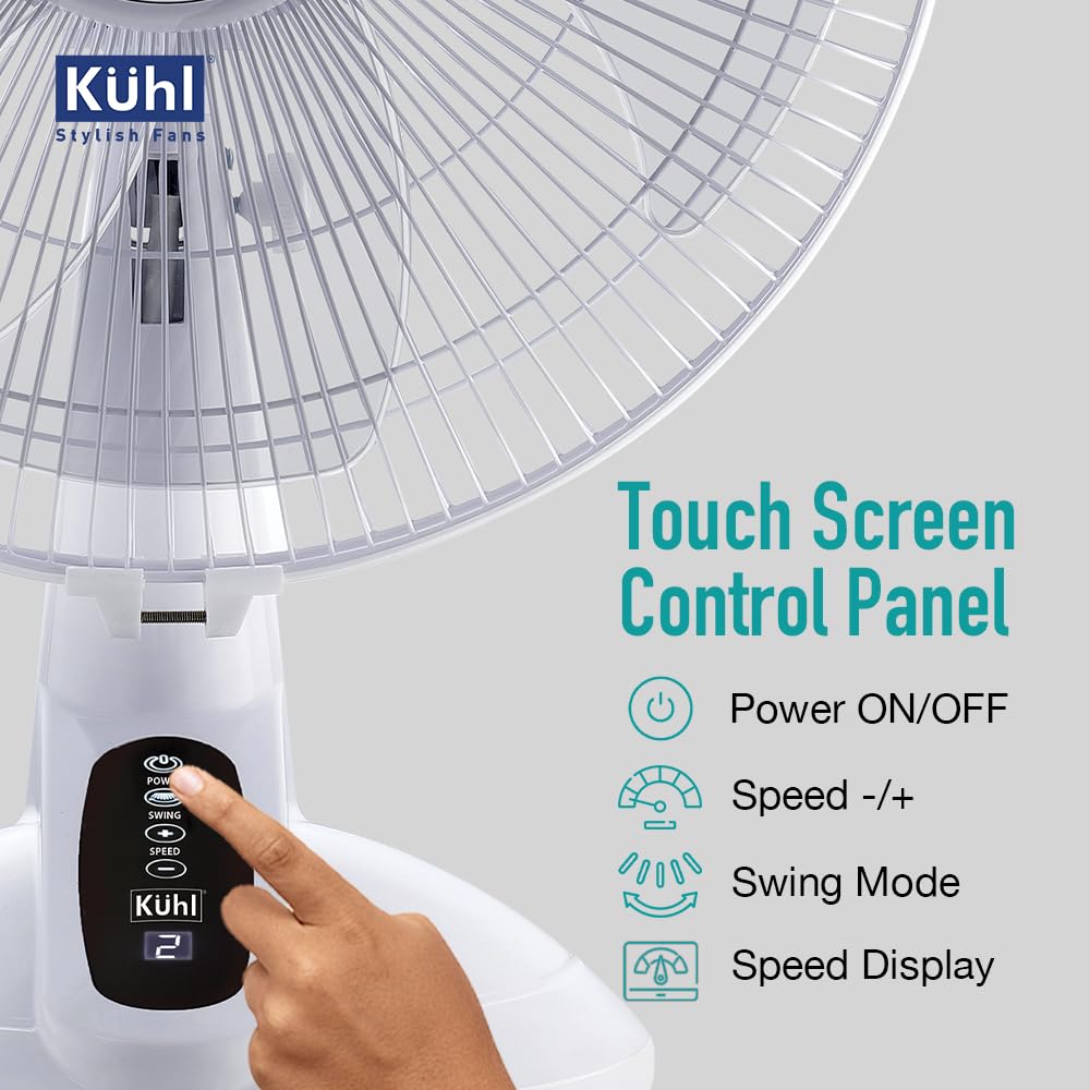 KUHL Inspira T1 400Mm Power Saving BLDC Table Fan With Remote | 28 W | Touch Screen Control Panel With Digital Display | Tilt Mechanism & Swivel Function | Table Fan| High Air Flow & Low Noise,White