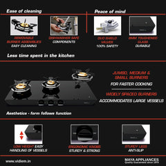 Vidiem Vogue Vesta Gas Stove 3 Burners Glass Top | Removable Special Brass Burner | 8mm Toughened Glass | 10mm Thick Pan