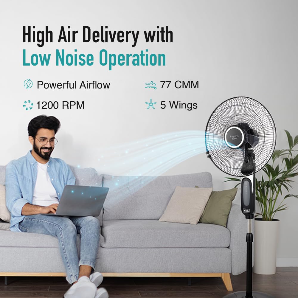 KUHL Inspira P1 | 400mm | BLDC Pedestal Fan with Remote | 5 wings | Touch Screen Control Panel | Height Adjustment | Tilt Mechanism, Swivel Function | Low Noise | Black