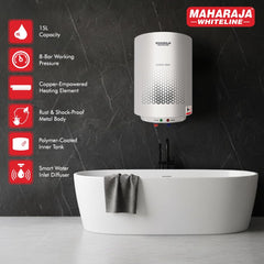 Maharaja Whiteline Energy Efficient Water Heater EDNIS NEO 15L | 4-Star Rated with Polymer-Coated Inner Tank, Smart Inlet Diffuser & Durable Metal Body | Long-Lasting Design with 5-Year Tank Warranty