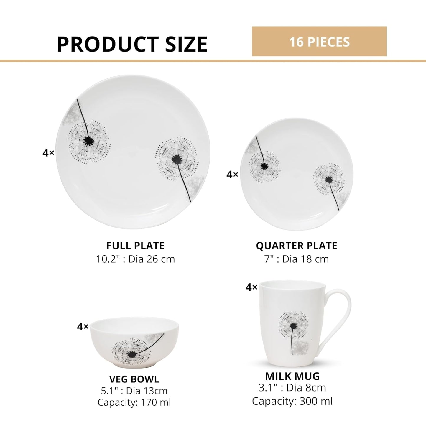 Clay Craft Fine Ceramic Eco Dinner Set, Enchanting Gold, for Family of 4, Dinner Set Ceramic, Crockery Set, Dining Set for Dinner, Crockery Set for Gift, Kitchen Set (ECO2, 16 Pieces)