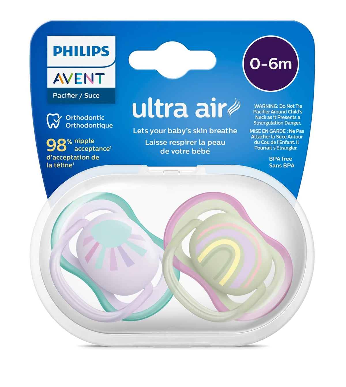 Philips Avent Ultra Air Soother - 2 x Light, Breathable Baby Soothers for Babies Aged 0‑6 Months (SCF085/12)