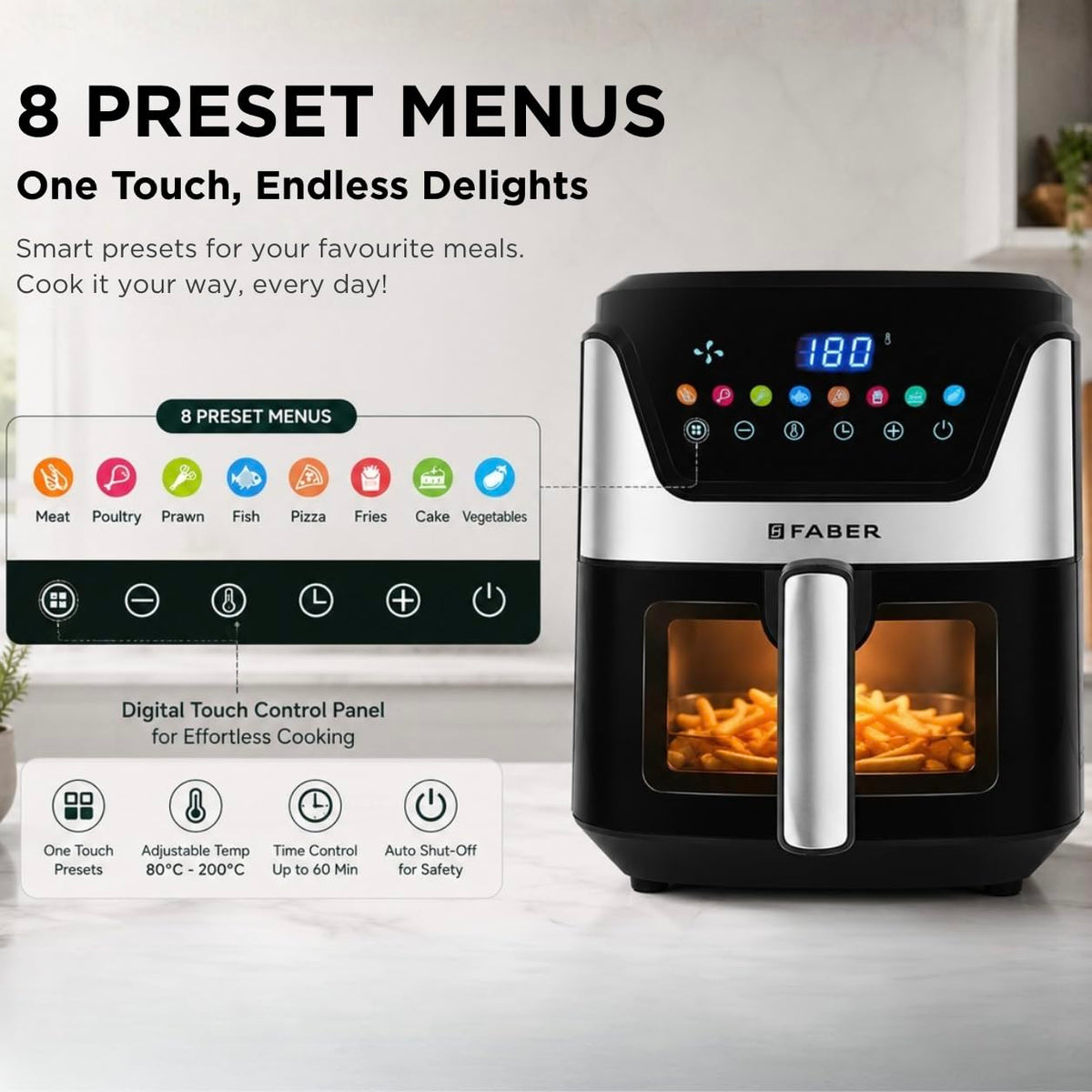 Faber 6L 1500W Digital Air Fryer | Fry, Bake, Roast, Toast, Defrost, Grill & Reheat | 85% Less Oil, 360° Air Cooking|8-P