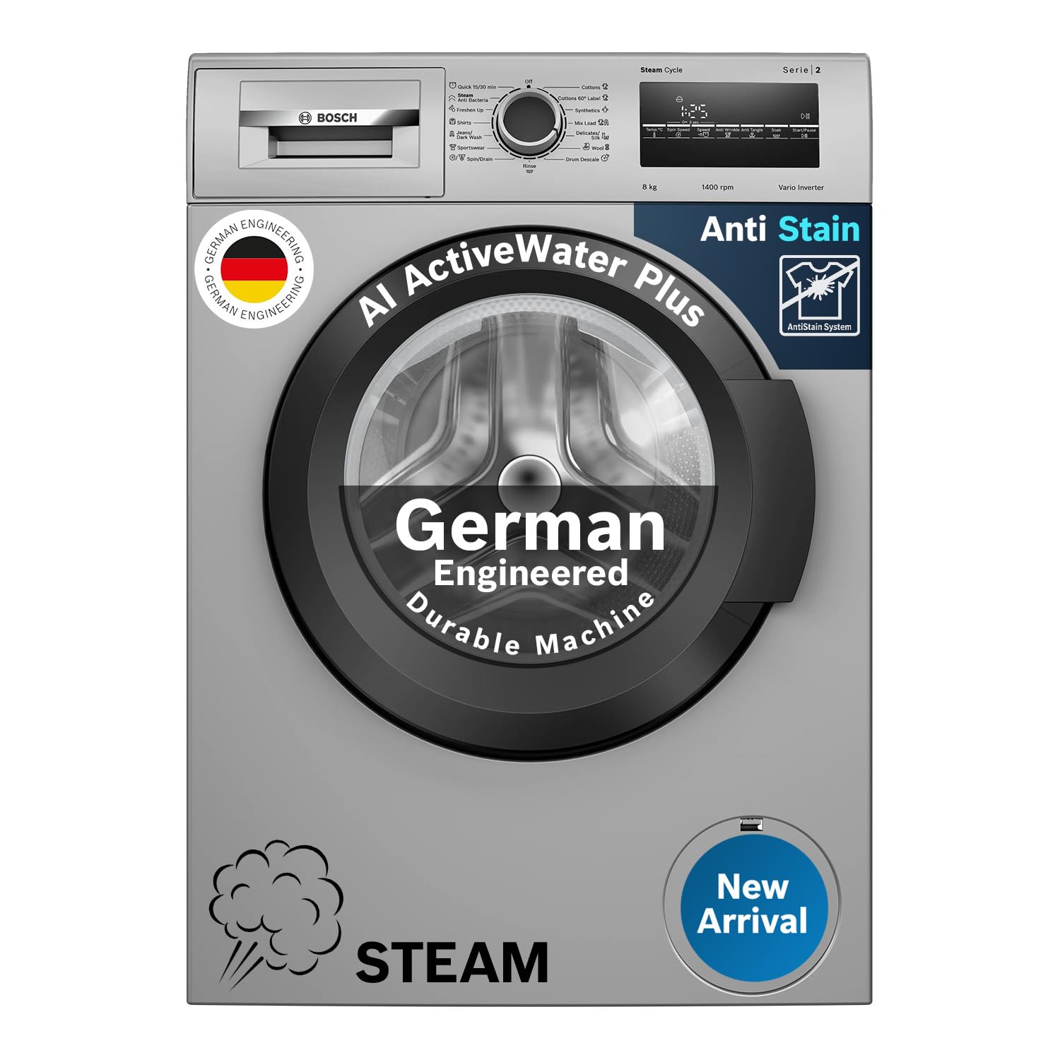 Bosch 8 kg, 5 Star, AI Active Water+, Anti-Tangle, Steam Anti Bacterial, Anti-Wrinkle Fully-Automatic Front Loading Washing Machine (WAJ2826BIN, In-Built Heater, Shiny Silver)