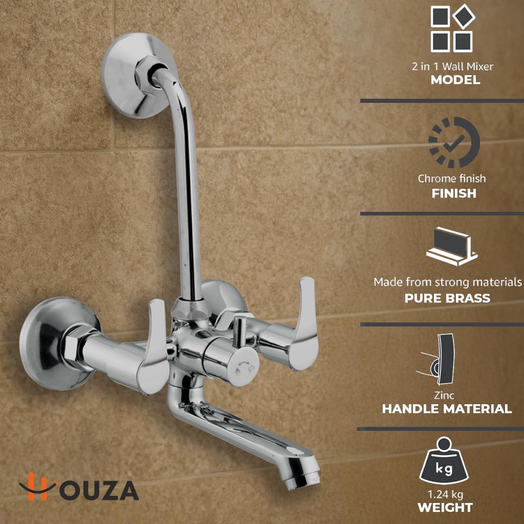 HOUZA Brass Wall Mixer for Bathroom 2 in 1 with L-Bend Provision for Overhead Shower | Hot & Cold Water Wall Mixer Tap for Bathroom | Chrome Finish