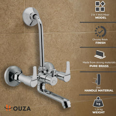 HOUZA Brass Wall Mixer for Bathroom 2 in 1 with L-Bend Provision for Overhead Shower | Hot & Cold Water Wall Mixer Tap for Bathroom | Chrome Finish