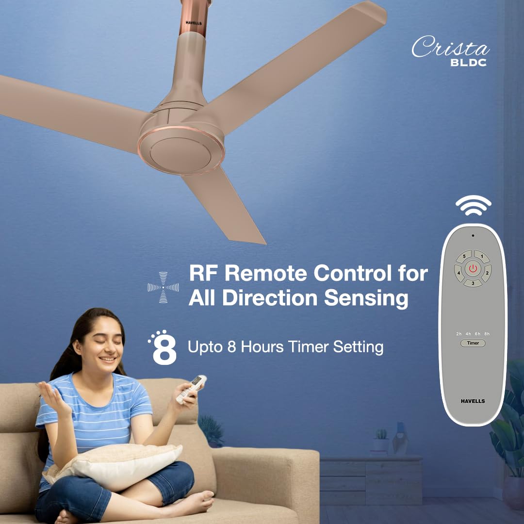 Havells 1200mm Crista Bldc Motor Ceiling Fan|Premium Finish With Rf Remote,100% Copper,Upto 60% Energy Saving|Low Noise: 55Db,2 Year Warranty,Dust Resistant|(Pack Of 1,Champagne Cola),4 stars