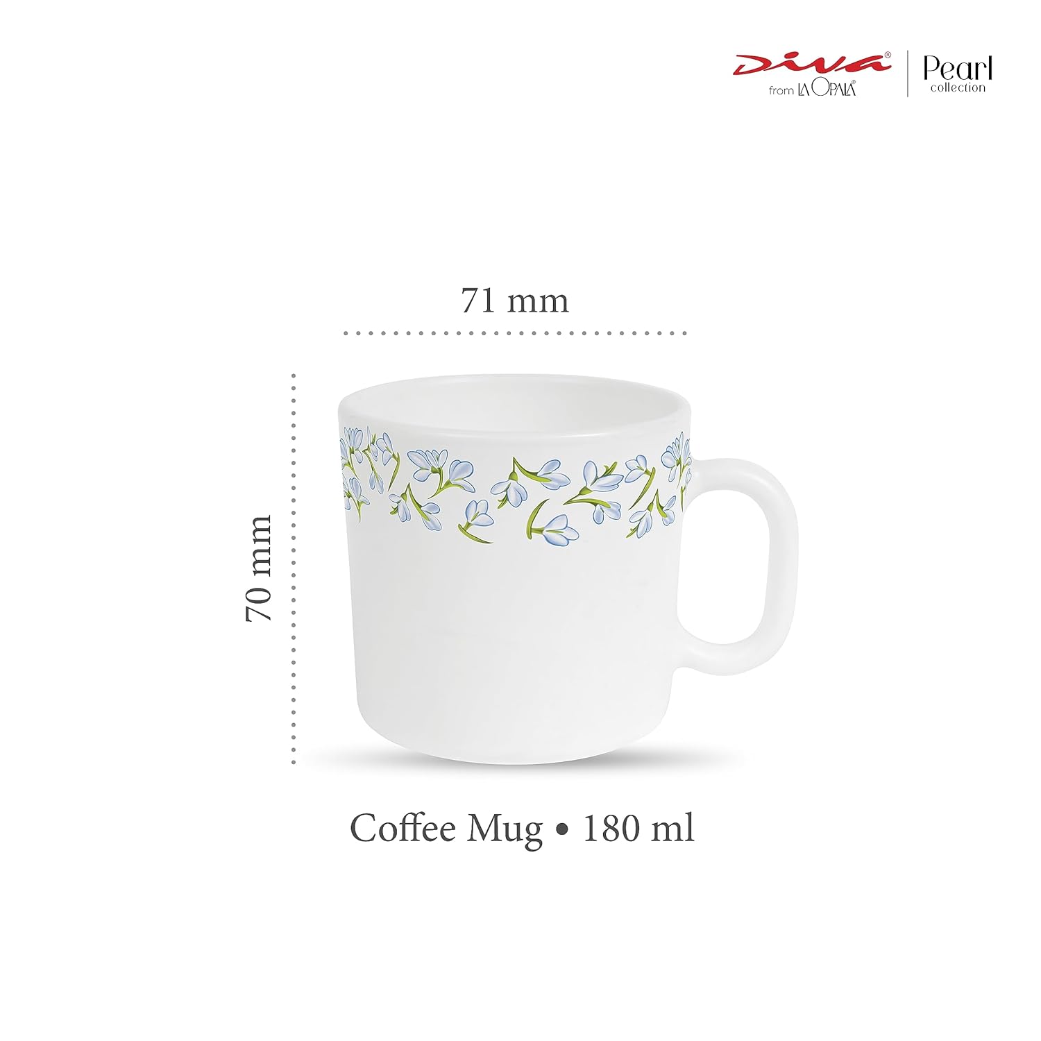 La Opala Diva, Pearl Collection Opal Glass Crockery | Coffee Mug Regular, Set of 6 | Silky Cluster, 190 ml | for Tea & Coffee | Microwave Safe | 100% Vegetarian | Extra Strong | Super Light & White