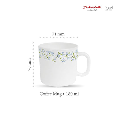 La Opala Diva, Pearl Collection Opal Glass Crockery | Coffee Mug Regular, Set of 6 | Silky Cluster, 190 ml | for Tea & Coffee | Microwave Safe | 100% Vegetarian | Extra Strong | Super Light & White