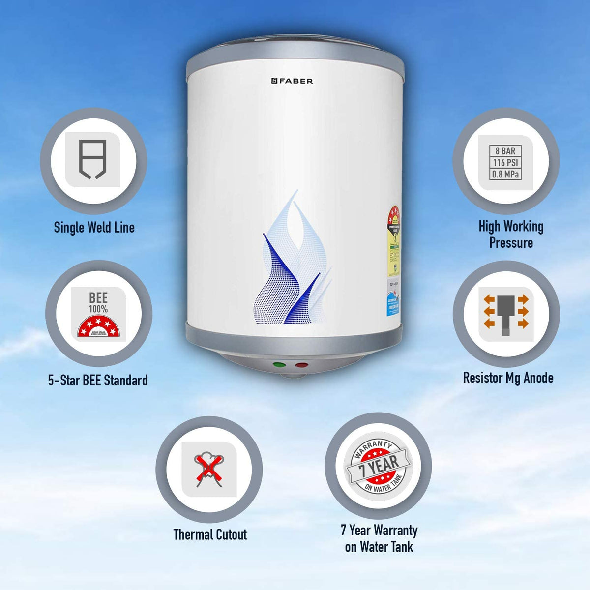 Faber 6Ltr Storage Water Heater (FWG Vulcan 6V), 5 Star, 7 yrs Warranty on Tank, Free Installation with Inlet & Outlet P