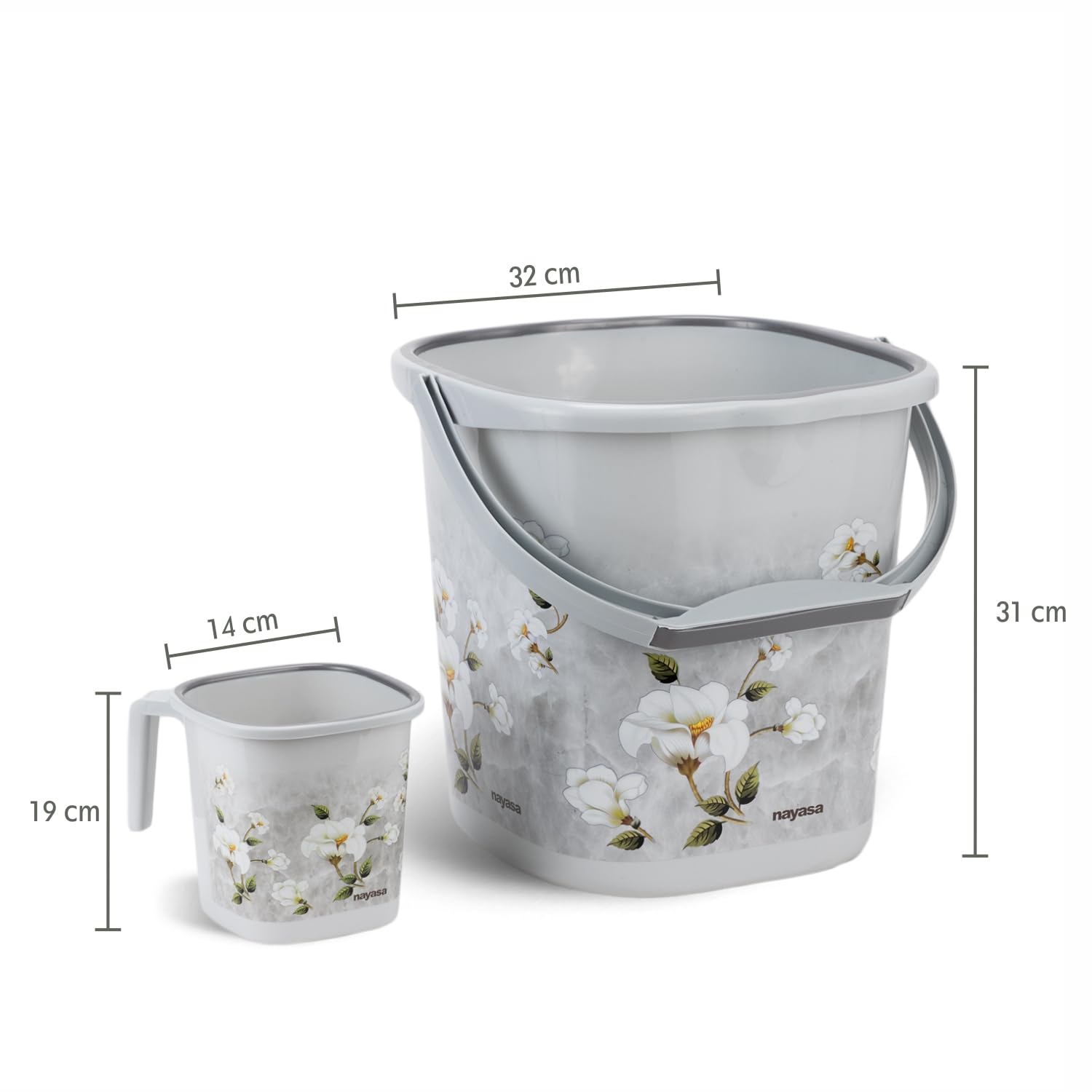 Nayasa Square Ring Marble Plastic Bucket Set for Bathroom | Bucket and Mug (18 Liters & 1.5 Liters) | Bathroom Set of 2 | Bathroom Accessories Set | Grey