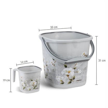Nayasa Square Ring Marble Plastic Bucket Set for Bathroom | Bucket and Mug (18 Liters & 1.5 Liters) | Bathroom Set of 2 | Bathroom Accessories Set | Grey
