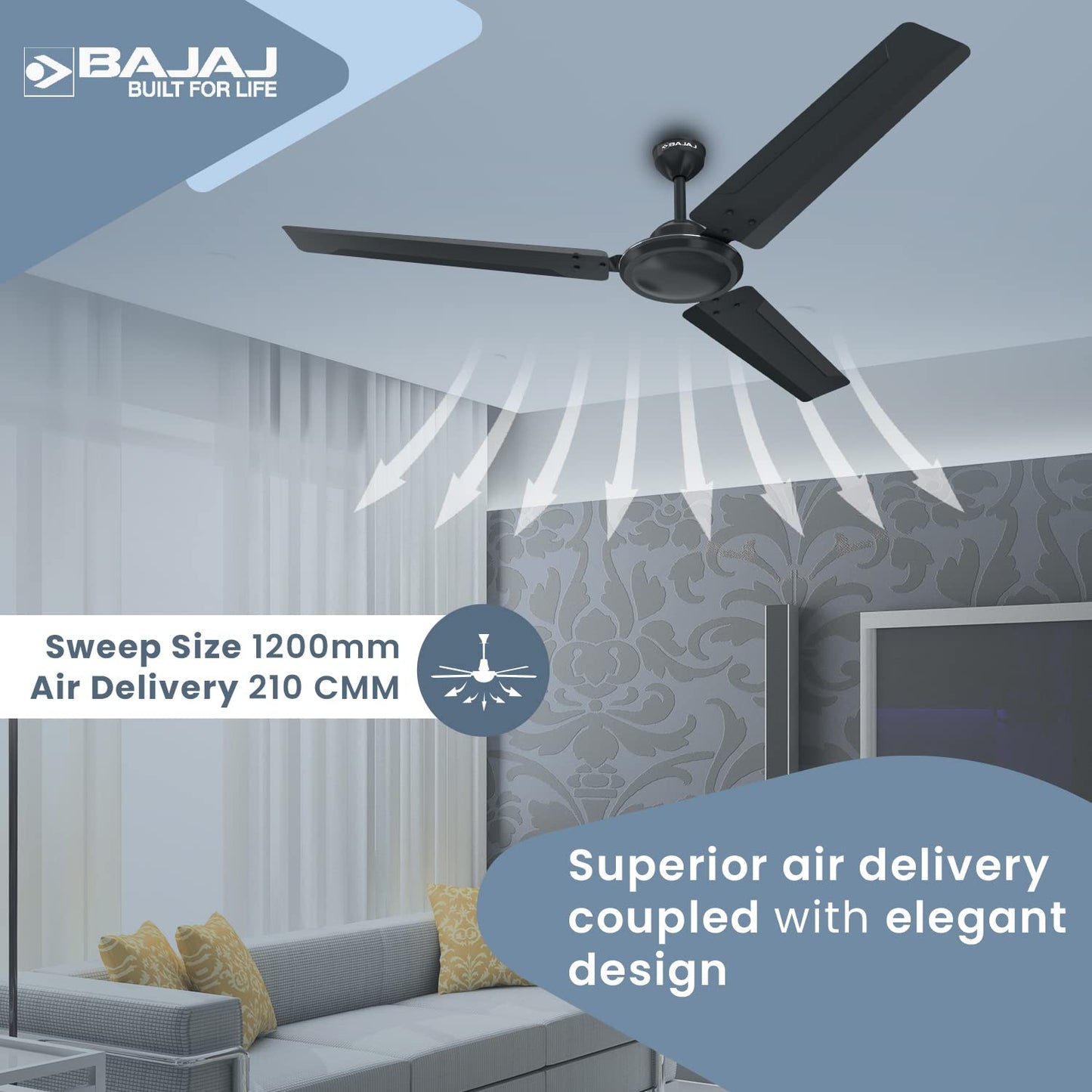 Bajaj Durato 12S1 1200MM (48") Ceiling Fans For Home | BEE Star Rated Energy Efficient Ceiling Fan | Thermatuff Technology™ | High Air Delivery & High Speed 400 RPM | 3-Yr Warranty 【Coal Mine Grey】