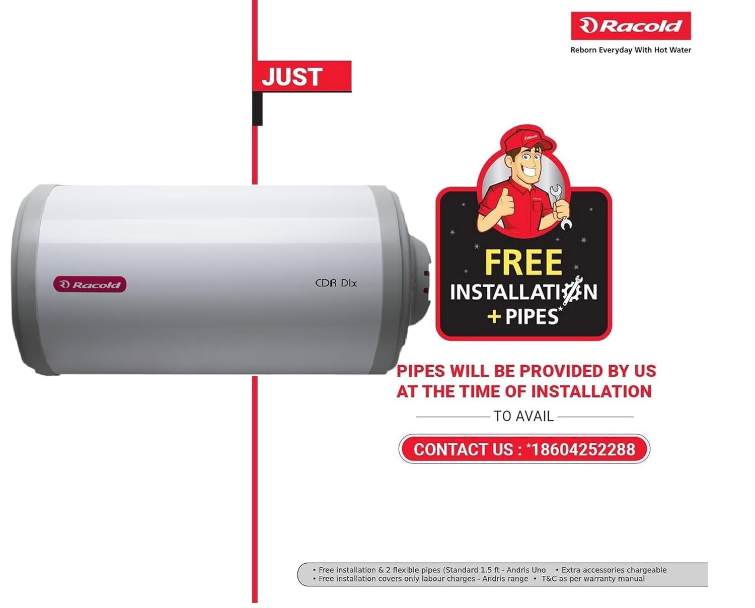 Racold CDR Dlx 25ltr Horizontal BEE 4 Star Storage Water Heater(Geyser) with Free Standard Installation & pipes || Rust Proof Body||