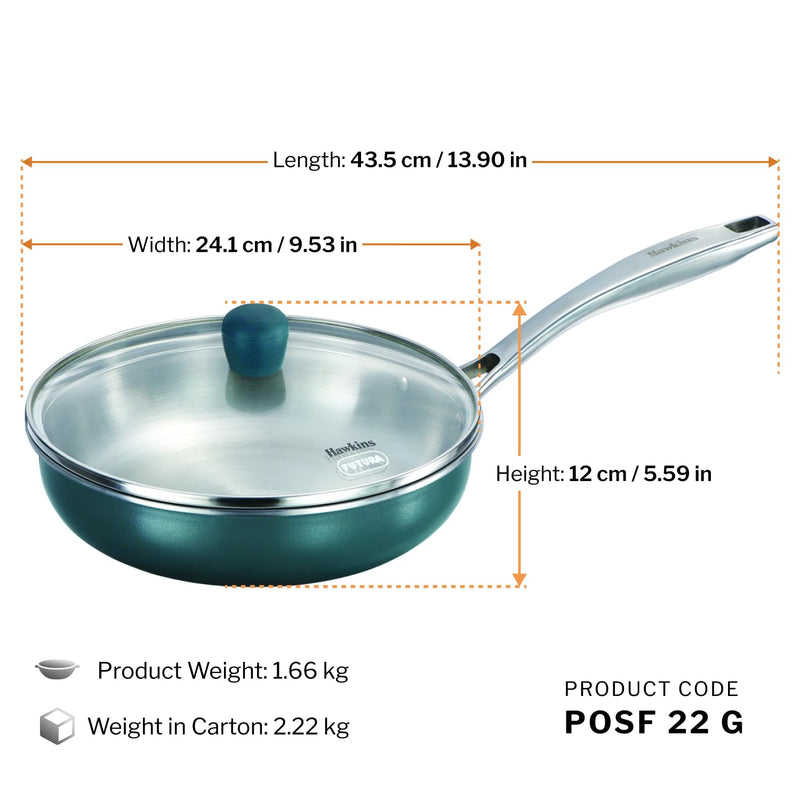 Hawkins Olive Pro 22 cm Frying Pan, Triply Stainless Steel Fry Pan with Stainless Steel Handle and Stainless Steel Lid, Green (POSF22G)