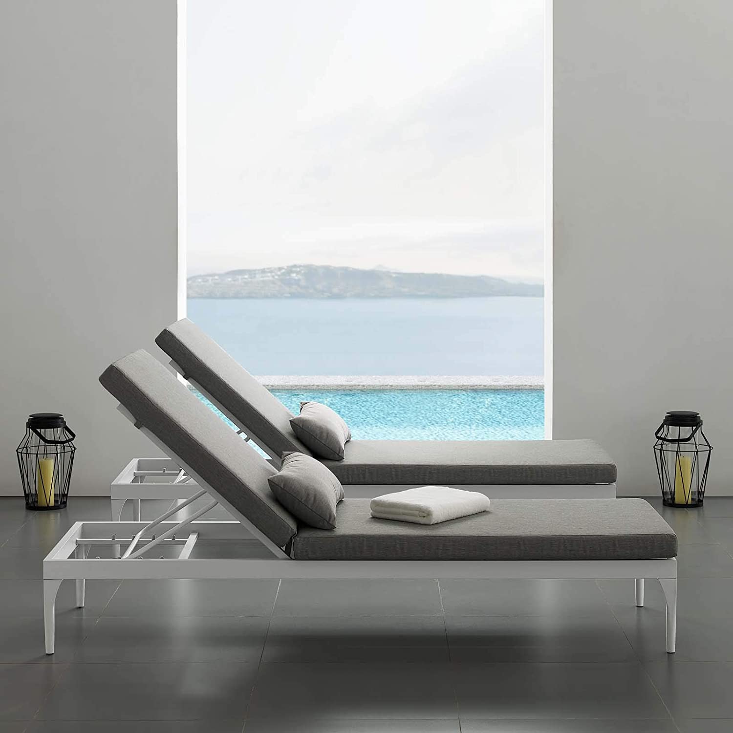 Dorian Outdoor Swimming Poolside Lounger (White + Gray) Set of 2