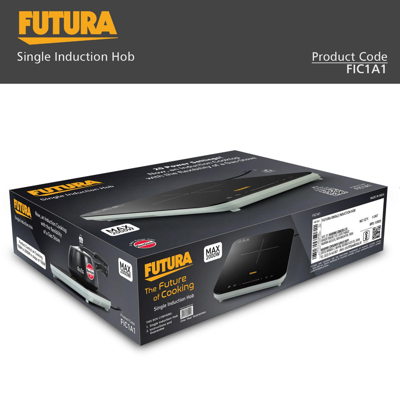 Hawkins Futura Single Induction Hob, 2000-W Cooktop with 20 Power Settings, Precise Time Setting Intervals, Child Lock, Black (FIC1A1)