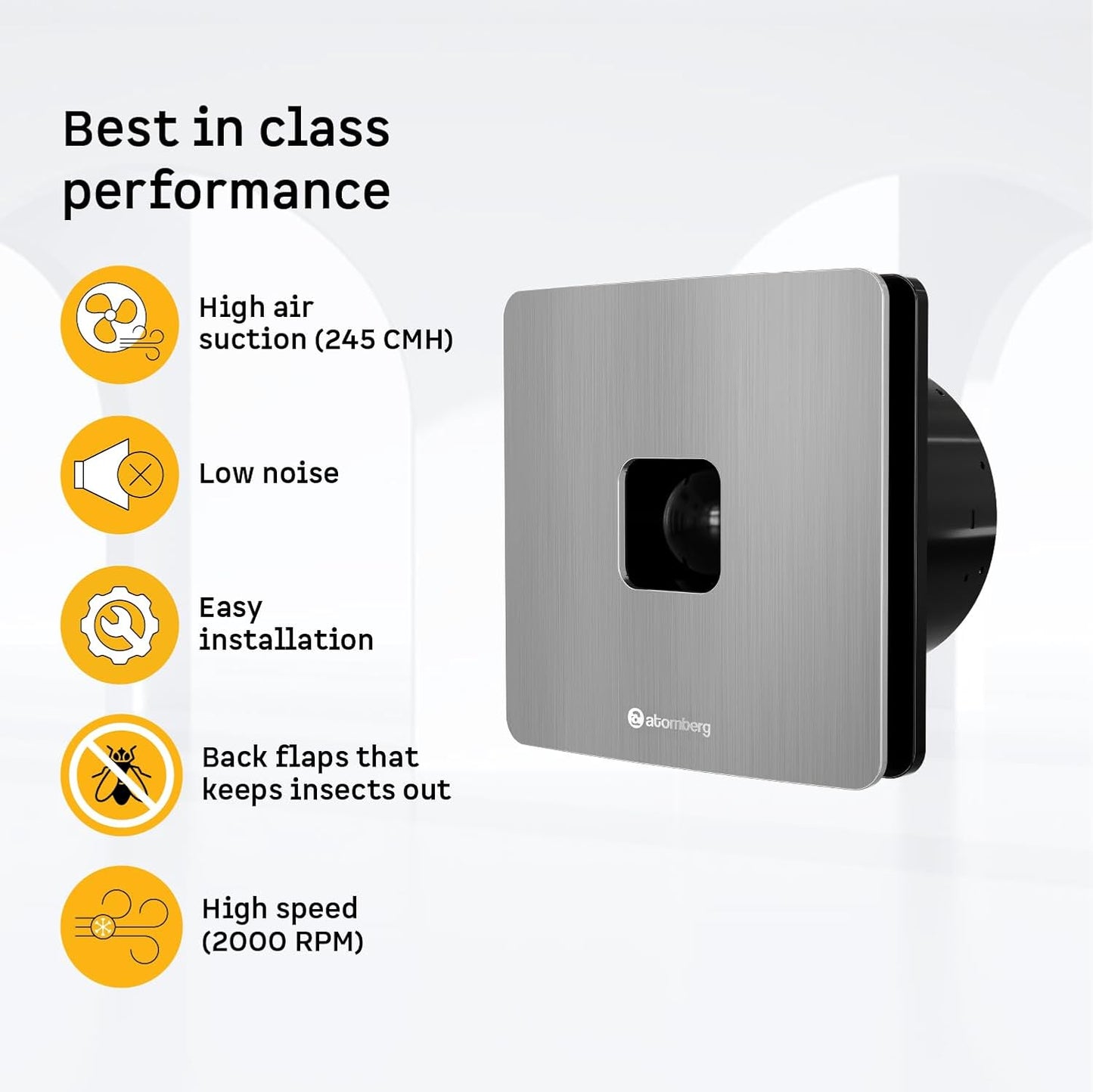 atomberg Studio+ Exhaust Fan 150mm (6 Inches) | BLDC Motor | 6.8W| Low Noise | 2000 RPM| Ideal for Bathroom& Kitchen | Easy to Clean | Installation-Round Cut (153mm) | 2 Year Warranty (Brushed Steel)