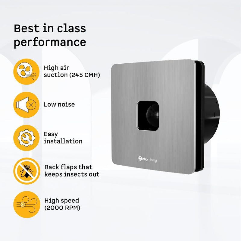 atomberg Studio+ Exhaust Fan 150mm (6 Inches) | BLDC Motor | 6.8W| Low Noise | 2000 RPM| Ideal for Bathroom& Kitchen | Easy to Clean | Installation-Round Cut (153mm) | 2 Year Warranty (Brushed Steel)