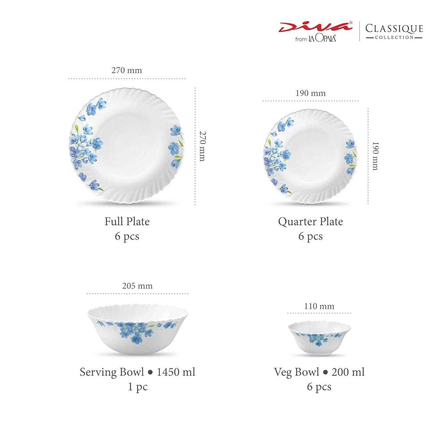 La Opala Diva Classique Collection Opal Glass Crockery | for Family of 6 | Dinner Set 19 pcs Aster Blue | Plates & Bowls for Dining | Microwave Safe | 100% Vegetarian | Extra Strong | White