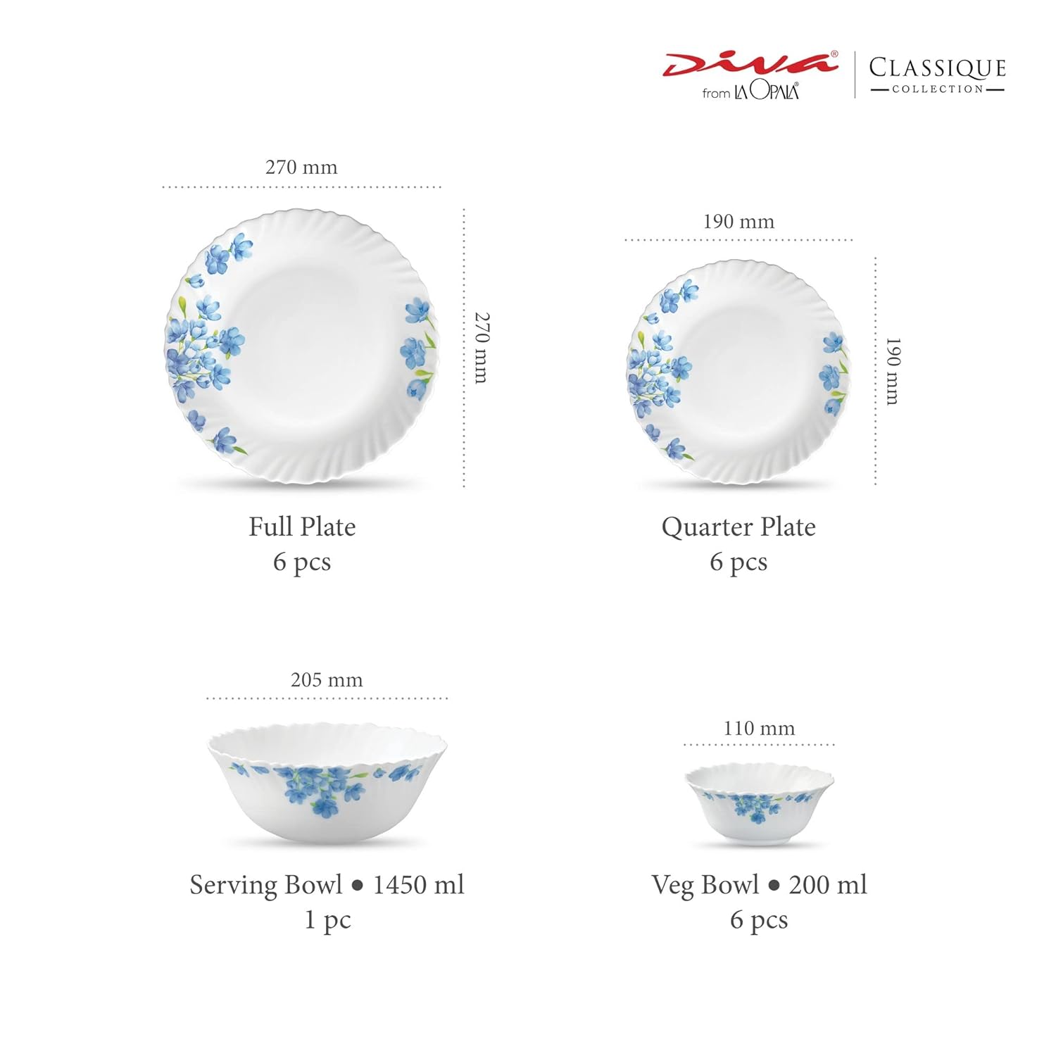 La Opala Diva Classique Collection Opal Glass Crockery | for Family of 6 | Dinner Set 19 pcs Aster Blue | Plates & Bowls for Dining | Microwave Safe | 100% Vegetarian | Extra Strong | White