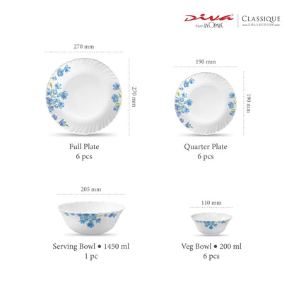 La Opala Diva Classique Collection Opal Glass Crockery | for Family of 6 | Dinner Set 19 pcs Aster Blue | Plates & Bowls for Dining | Microwave Safe | 100% Vegetarian | Extra Strong | White