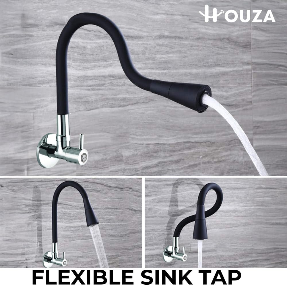 HOUZA Brass Kitchen Sink Tap Faucet with Pull Down Sprayer | Kitchen Tap with 360 Degree Flexible Silicon Swivel Spout | Water Saving Aerated Dual Flow Kitchen Faucet for Sink (Chrome Finish, Black)
