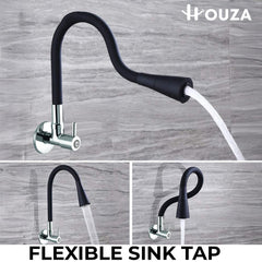HOUZA Brass Kitchen Sink Tap Faucet with Pull Down Sprayer | Kitchen Tap with 360 Degree Flexible Silicon Swivel Spout | Water Saving Aerated Dual Flow Kitchen Faucet for Sink (Chrome Finish, Black)