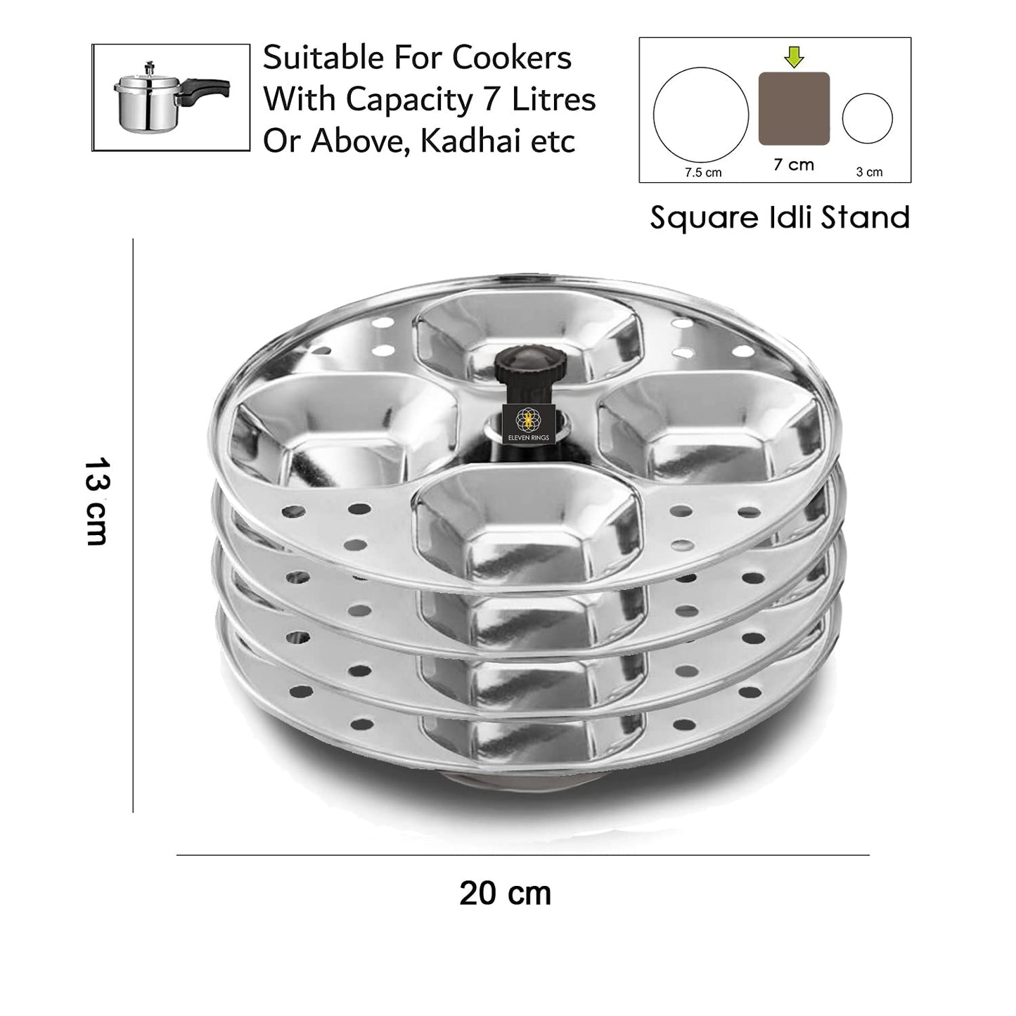Eleven Rings 4 Plates Stainless Steel Square Idli Stand/Idli Maker Makes 16 Square Idlis at Once. (4 Plate Square Idli)