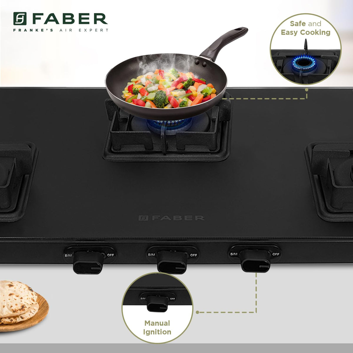 Faber Blossom Black Matt Glass Finish Cooktop|3 Brass Burners-Jumbo, Medium & Small |Manual Ignition|Heavy Pan Support W
