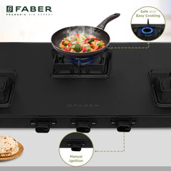 Faber Blossom Black Matt Glass Finish Cooktop|3 Brass Burners-Jumbo, Medium & Small |Manual Ignition|Heavy Pan Support W