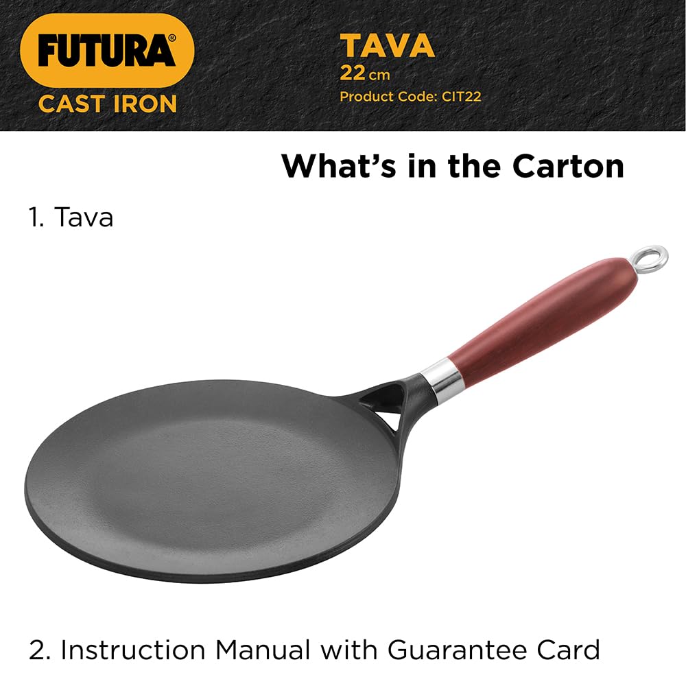 Hawkins Futura 22 cm Cast Iron Tava, Cast Iron Tawa for Roti, Cast Iron Cookware for Kitchen, Black (CIT22)