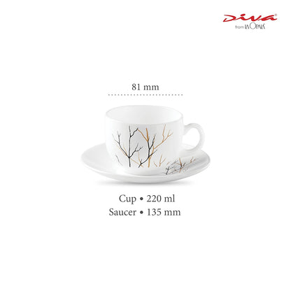 La Opala Diva, Opal Glass Crockery | Cup & Saucer Iris Regular, Set of 12 | Golden Fall, 160 ml | for Tea & Coffee | Microwave Safe | 100% Vegetarian | Extra Strong | Super Light | Super White