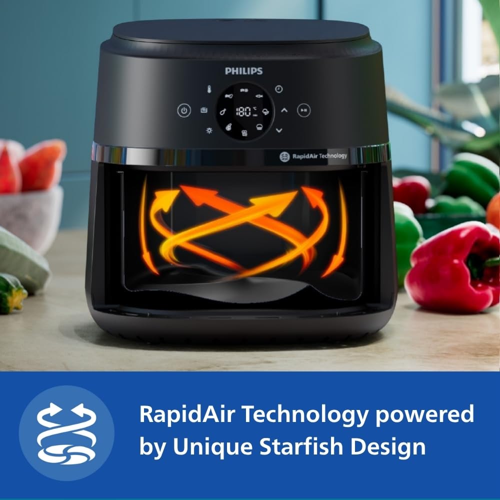 PHILIPS Air Fryer NA231/00 with touch panel, uses up to 90% less fat, 1700W, 6.2 Liter, with Rapid Air Technology (Black),Cooking window, Extra Large