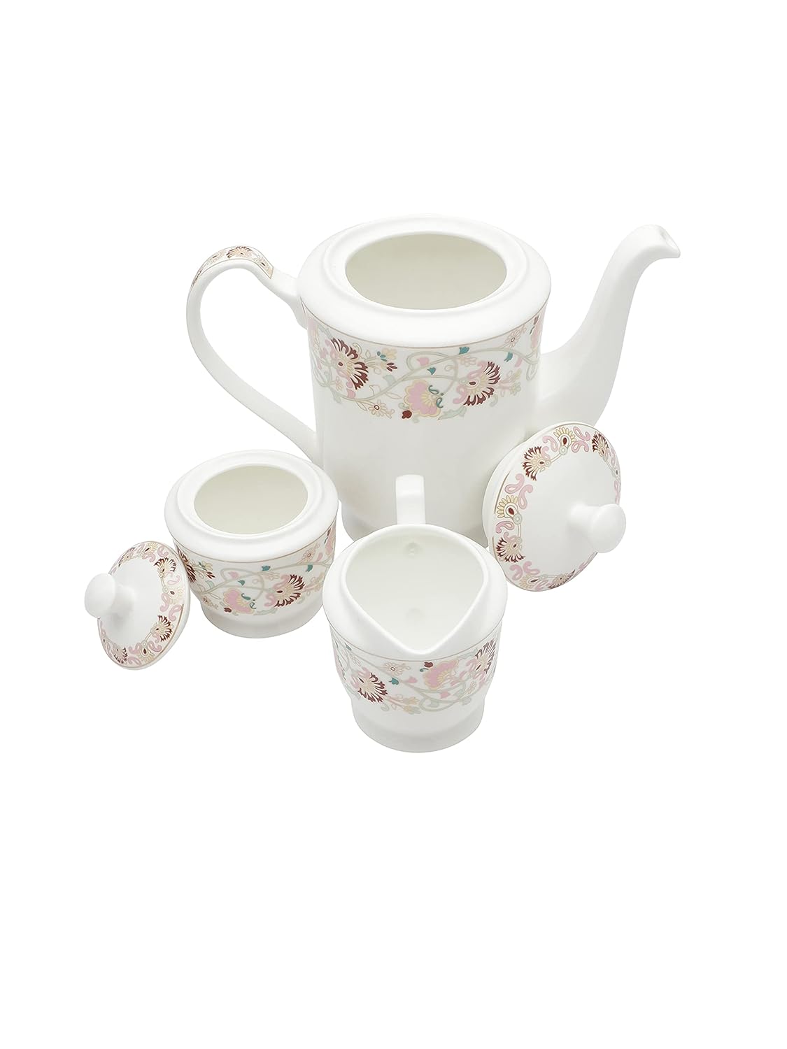 Clay Craft Fine Ceramic Tea Set of 15 (1 Tea Pot with Lid +6 Cups+6 Saucers +1 Milk Pot + 1 Sugar Pot) Can be Gifted to Any Ocassion to Your Loved Ones (Design 1 - Floral)