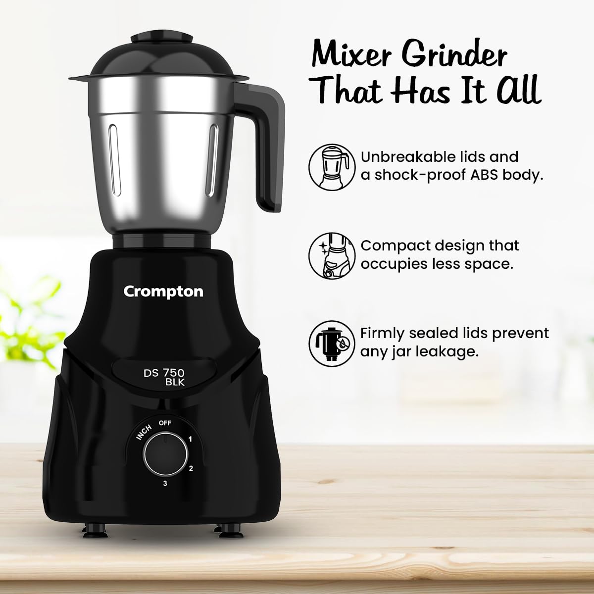 CROMPTON DS 750W Mixer Grinder- 750W Powertron Motor for faster grinding results | Motor Vent-X for durability | 4 Jars (1.5L with FF, 1.5, 1L, 0.4L) 2 Years Warranty on Product & Motor.
