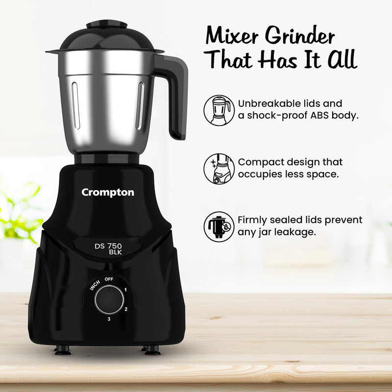 CROMPTON DS 750W Mixer Grinder- 750W Powertron Motor for faster grinding results | Motor Vent-X for durability | 4 Jars (1.5L with FF, 1.5, 1L, 0.4L) 2 Years Warranty on Product & Motor.