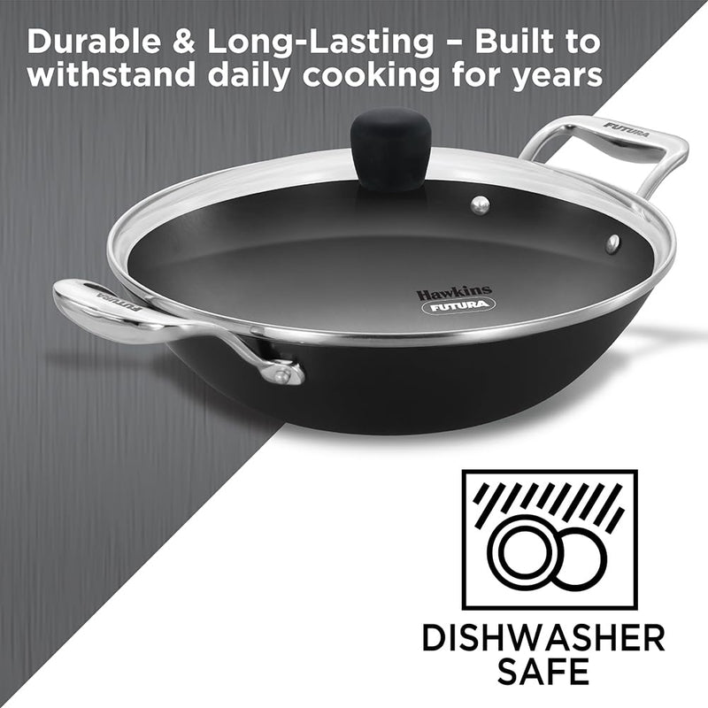 Hawkins Futura Ironman Slim Cast Iron 2.5 Litre Kadhai with Glass Lid | Lightweight, Durable & Even-Heating Deep-Fry Pan | Kadai Ideal for curries, Frying, Gravies, Snacks | Black (IMK25G)