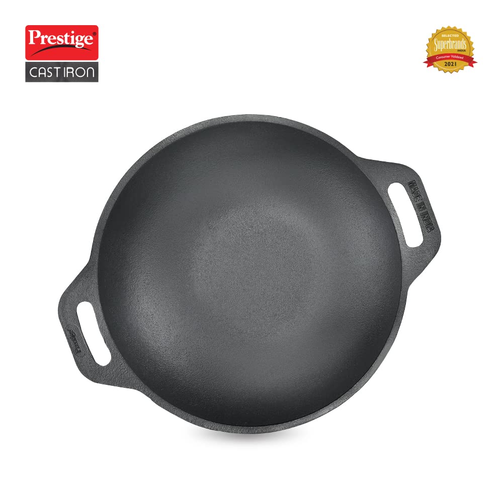 Prestige Cast Iron Kadai(26cm)|Even Heat Distribution|Scratch Resistant|Compatible with Gas & Induction|Retains Heat for Long|10 Years Warranty