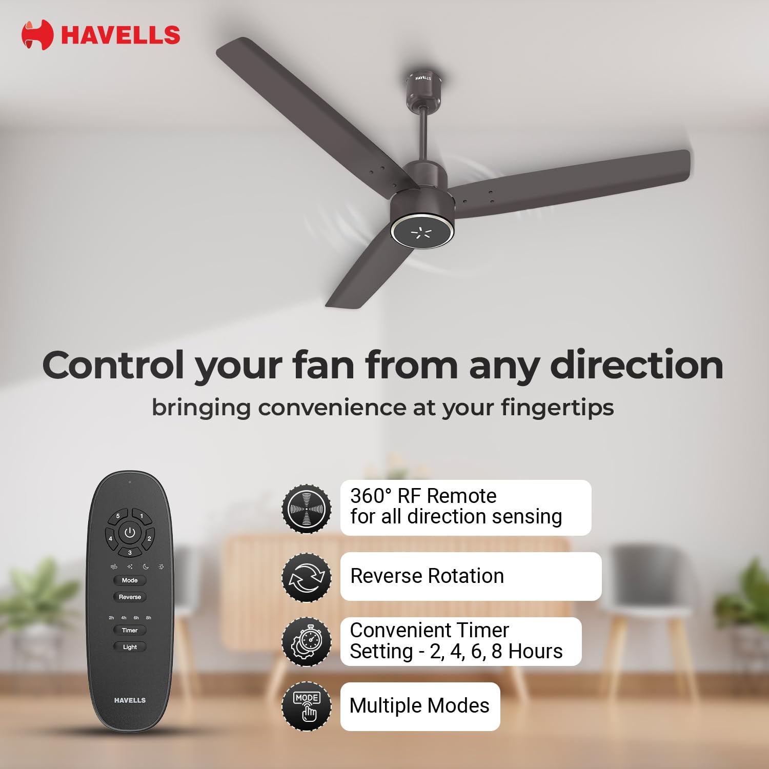 Havells FAB BLDC ULED Ceiling Fan 1200mm, 5 star, LED Speed Indicator, 380 RPM, Up to 65% Savings,Reverse Rotation,4 Speed Modes,Low Wattage 30W,Low Noise,Air Flow:225 CMM, 3 Year Warranty,Cocoa Brown