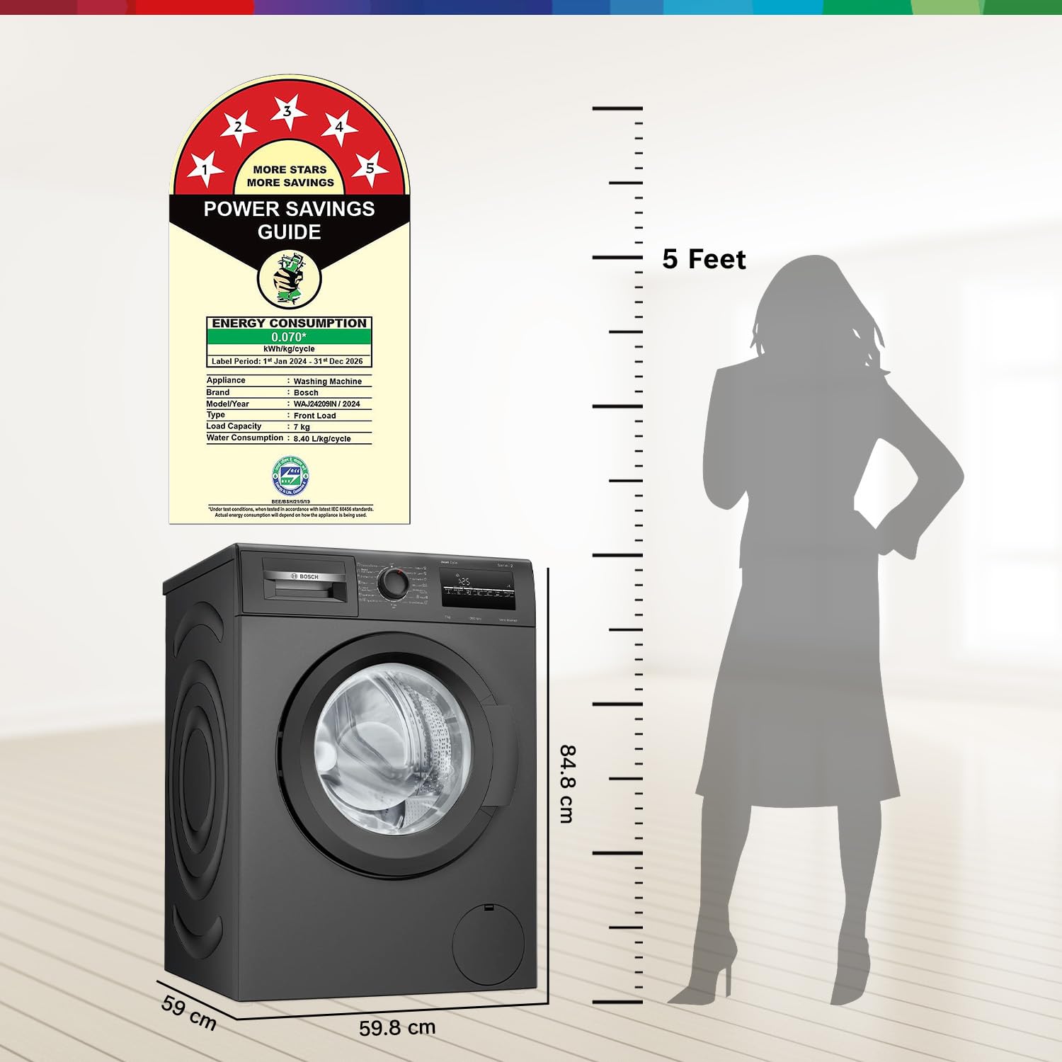 Bosch 7 kg 5 Star Fully-Automatic Front Loading Washing Machine (WAJ24209IN, Black, AI active water plus, In-Built Heater, BLDC Inverter motor, Steam)