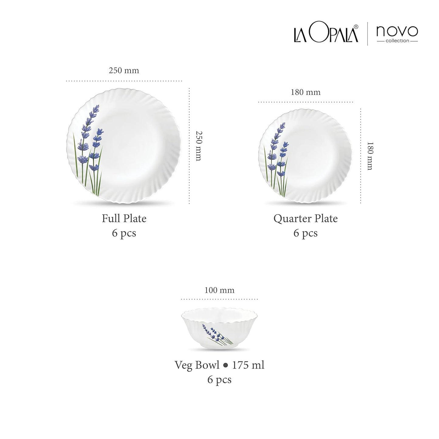 La Opala Novo Collection Opal Glass Crockery | for Family of 6 | Dinner Set 18 pcs English Lavender | Plates & Bowls for Dining | Microwave Safe | 100% Vegetarian | Extra Strong | Light & White