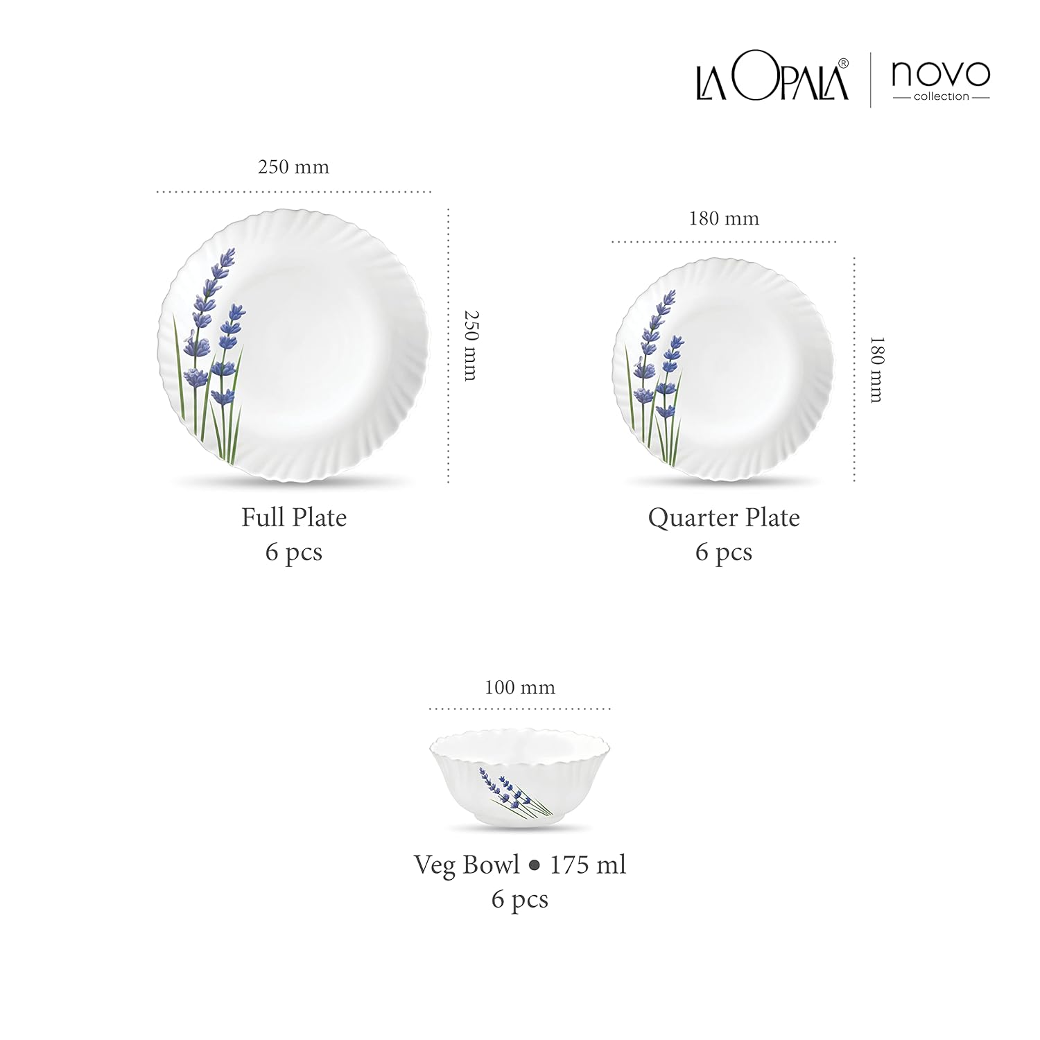 La Opala Novo Collection Opal Glass Crockery | for Family of 6 | Dinner Set 18 pcs English Lavender | Plates & Bowls for Dining | Microwave Safe | 100% Vegetarian | Extra Strong | Light & White
