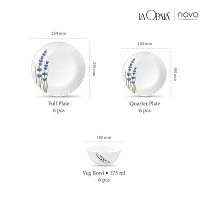 La Opala Novo Collection Opal Glass Crockery | for Family of 6 | Dinner Set 18 pcs English Lavender | Plates & Bowls for Dining | Microwave Safe | 100% Vegetarian | Extra Strong | Light & White