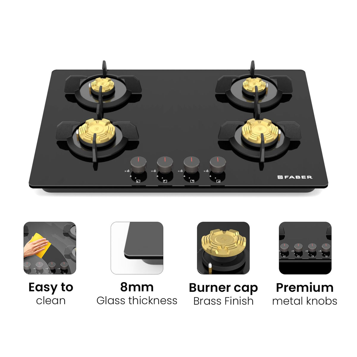 Faber 4 Burner 78Cm HOB |Auto Ignition| HOB PRIME HT784 CRS BR CI AI |Metal Knobs| Cast Iron Pan Support|HOB/Cooktop Hyb
