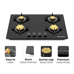 Faber 4 Burner 78Cm HOB |Auto Ignition| HOB PRIME HT784 CRS BR CI AI |Metal Knobs| Cast Iron Pan Support|HOB/Cooktop Hyb