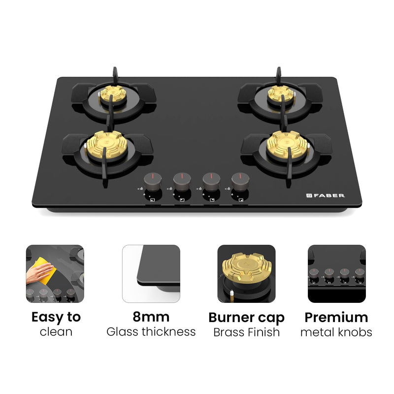 Faber 4 Burner 78Cm HOB |Auto Ignition| HOB PRIME HT784 CRS BR CI AI |Metal Knobs| Cast Iron Pan Support|HOB/Cooktop Hyb