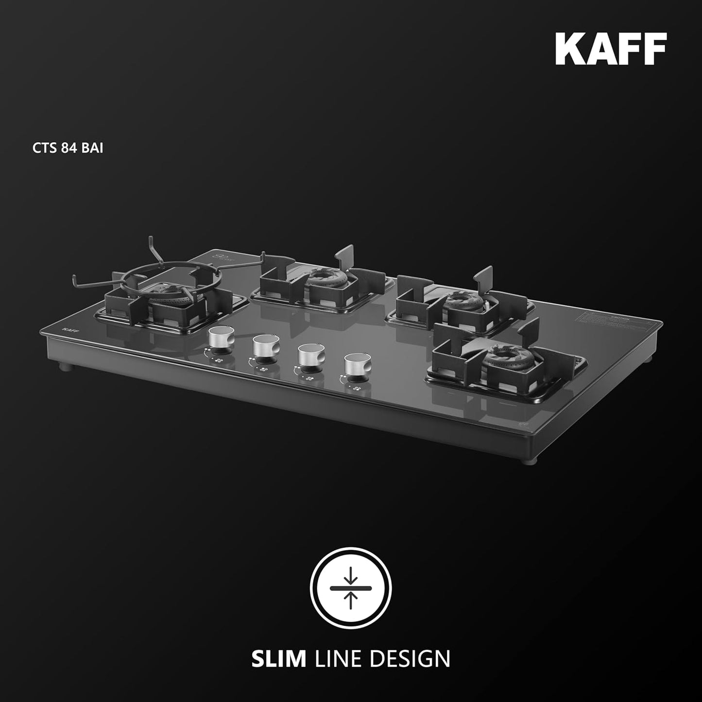 KAFF CTS 84 4B AI Gas Stove/Cooktop 4 Burners with Auto Electric Ignition 84 CM, Black Coated Brass Burners, Slim Line Design, Enamelled Pan Support with Integrated Flame Protector (Black)