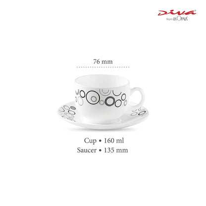 La Opala Diva, Opal Glass Crockery | Cup & Saucer Iris Regular, Set of 12 | Misty Drops, 160 ml | for Tea & Coffee | Microwave Safe | 100% Vegetarian | Extra Strong | Super Light | Super White